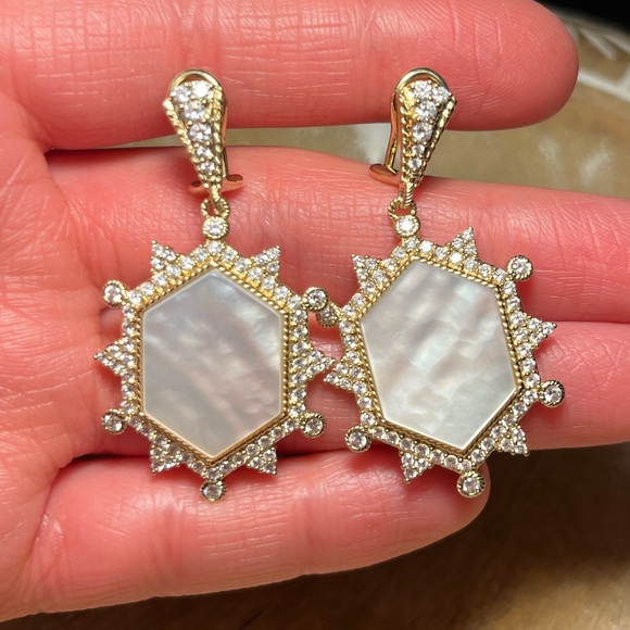 Judith Ripka 14K Sterling Silver Clad Diamonique & Mother of Pearl Earrings RARE - Picture 13 of 16